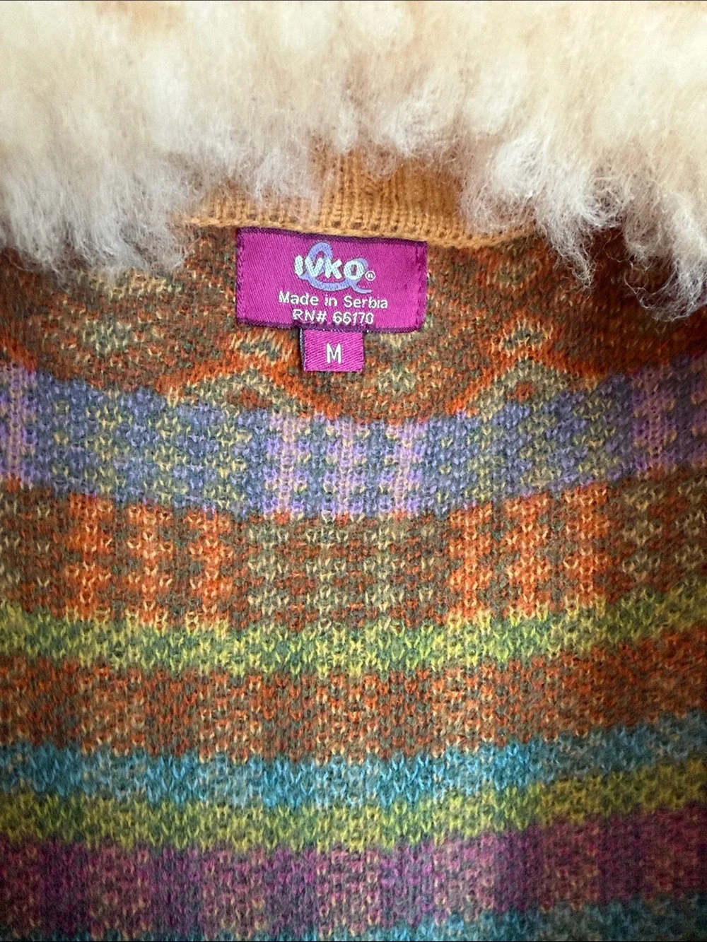 IVKO Extrafine Lambswool Patchwork Cardigan Wrap Sweater Boho MultiColor M Flaws